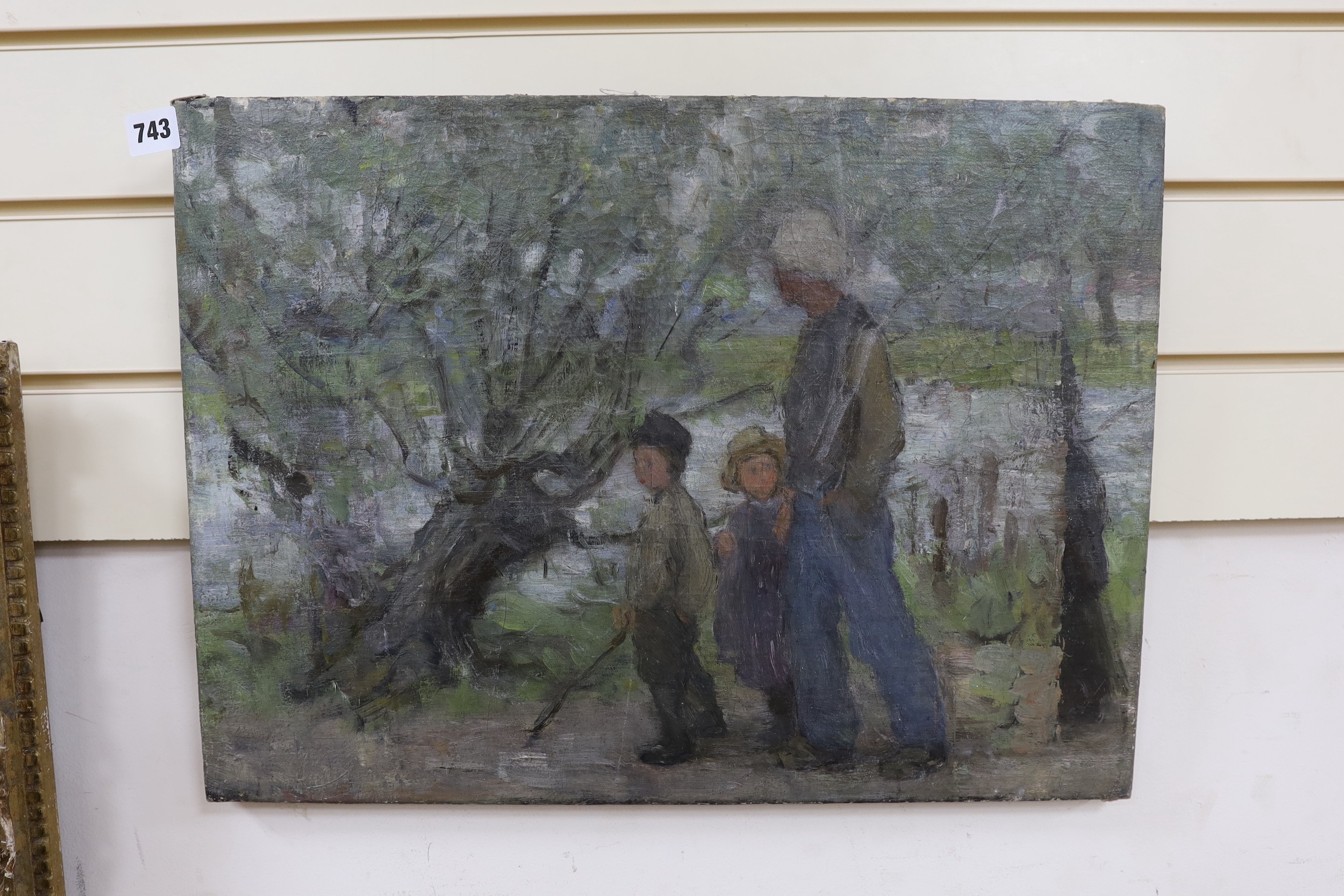 Early 20th century Dutch School, oil on canvas, Father and children walking beside willow trees, 38 x 52cm, unframed